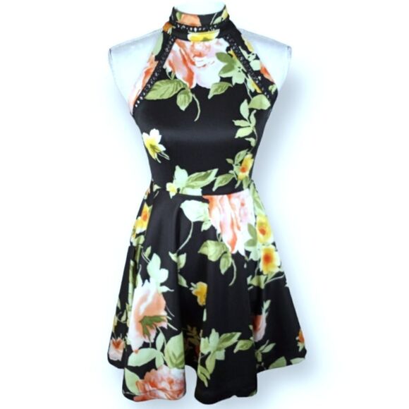 B. DARLIN BLACK & PEACH FLORAL HIGH NECK FIT & FLAIR DRESS SZ.1/2 EUC - Picture 2 of 9